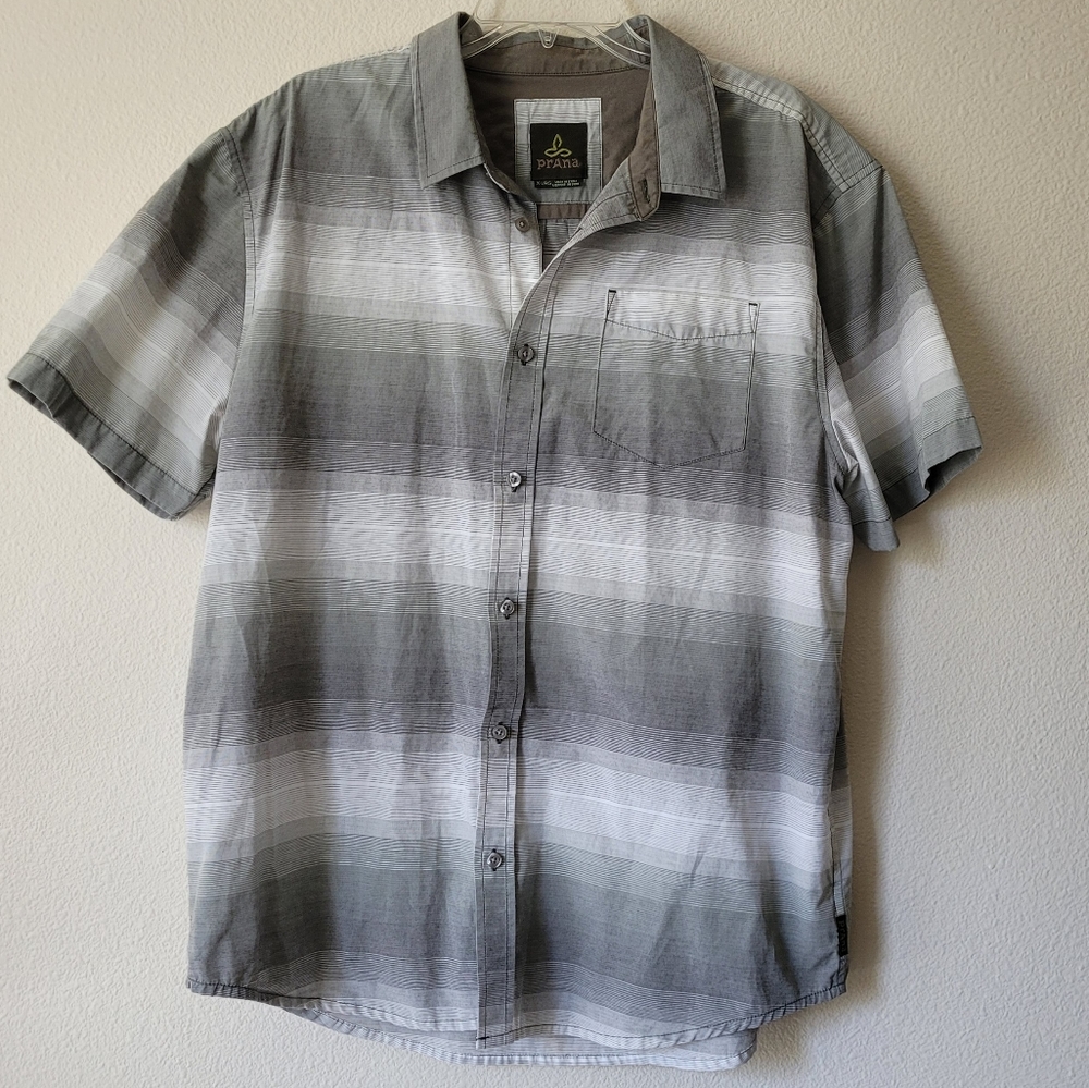 Prana Grey Plaid Button Up Vacation Shirt White Striped Short Sleeve
